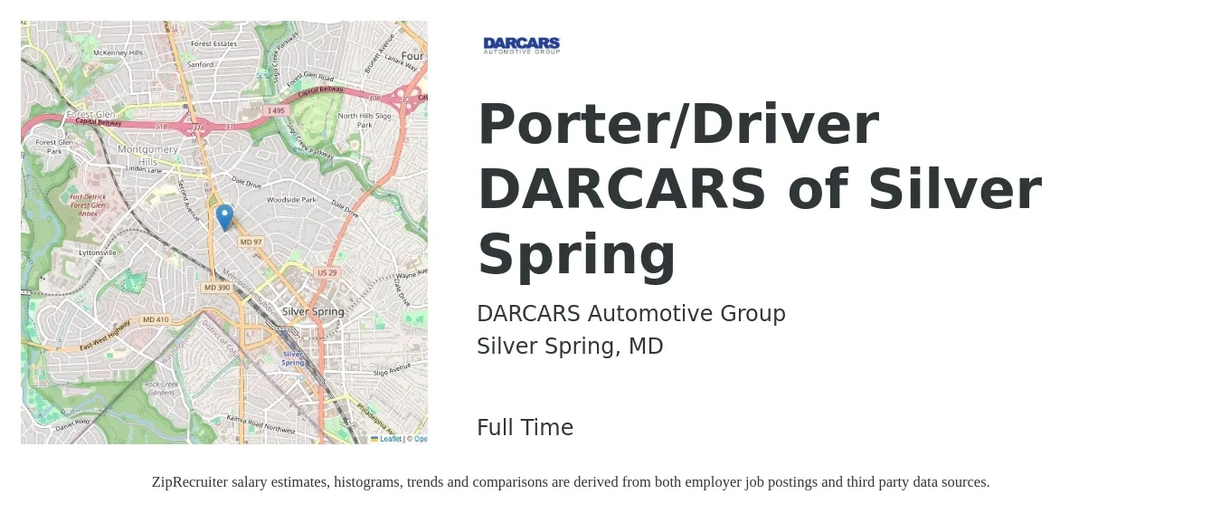 DARCARS Automotive Group job posting for a Porter/Driver DARCARS of Silver Spring in Silver Spring, MD with a salary of $15 to $18 Hourly with a map of Silver Spring location.
