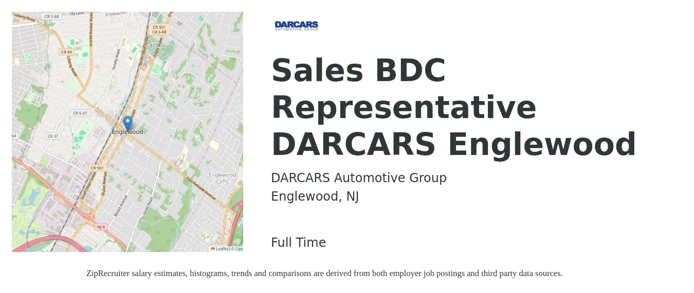 DARCARS Automotive Group job posting for a Sales BDC Representative DARCARS Englewood in Englewood, NJ with a salary of $16 to $21 Hourly with a map of Englewood location.