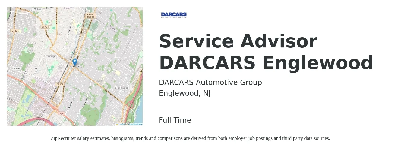 DARCARS Automotive Group job posting for a Service Advisor DARCARS Englewood in Englewood, NJ with a salary of $20 to $32 Hourly with a map of Englewood location.