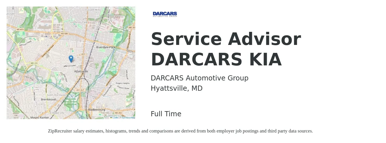 DARCARS Automotive Group job posting for a Service Advisor DARCARS KIA in Hyattsville, MD with a salary of $19 to $31 Hourly with a map of Hyattsville location.