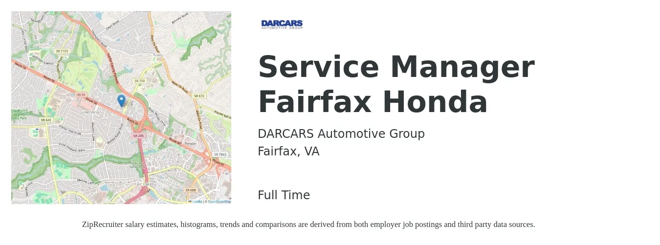 DARCARS Automotive Group job posting for a Service Manager Fairfax Honda in Fairfax, VA with a salary of $53,200 to $82,400 Yearly with a map of Fairfax location.