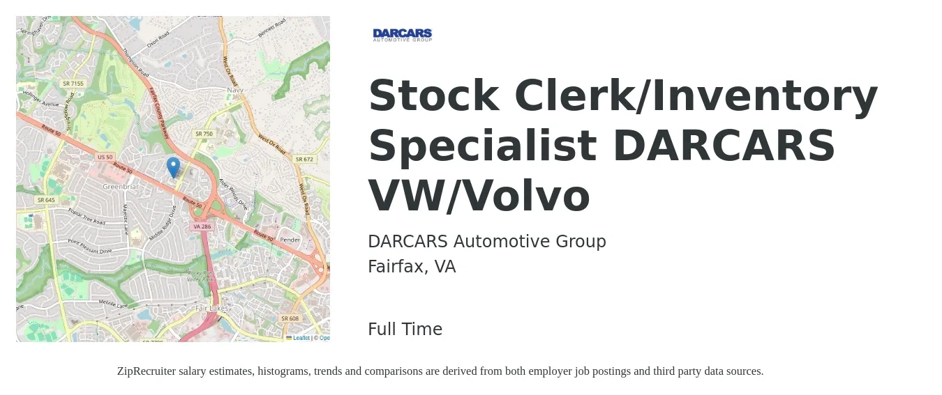 DARCARS Automotive Group job posting for a Stock Clerk/Inventory Specialist DARCARS VW/Volvo in Fairfax, VA with a salary of $17 to $21 Hourly with a map of Fairfax location.