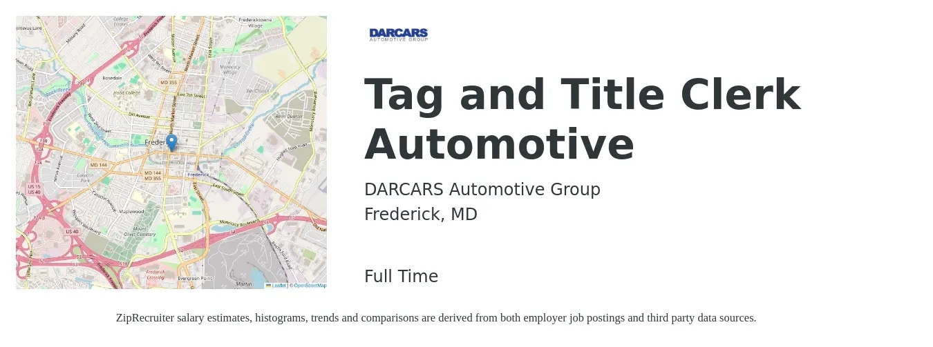 DARCARS Automotive Group job posting for a Tag and Title Clerk Automotive in Frederick, MD with a salary of $18 to $22 Hourly with a map of Frederick location.