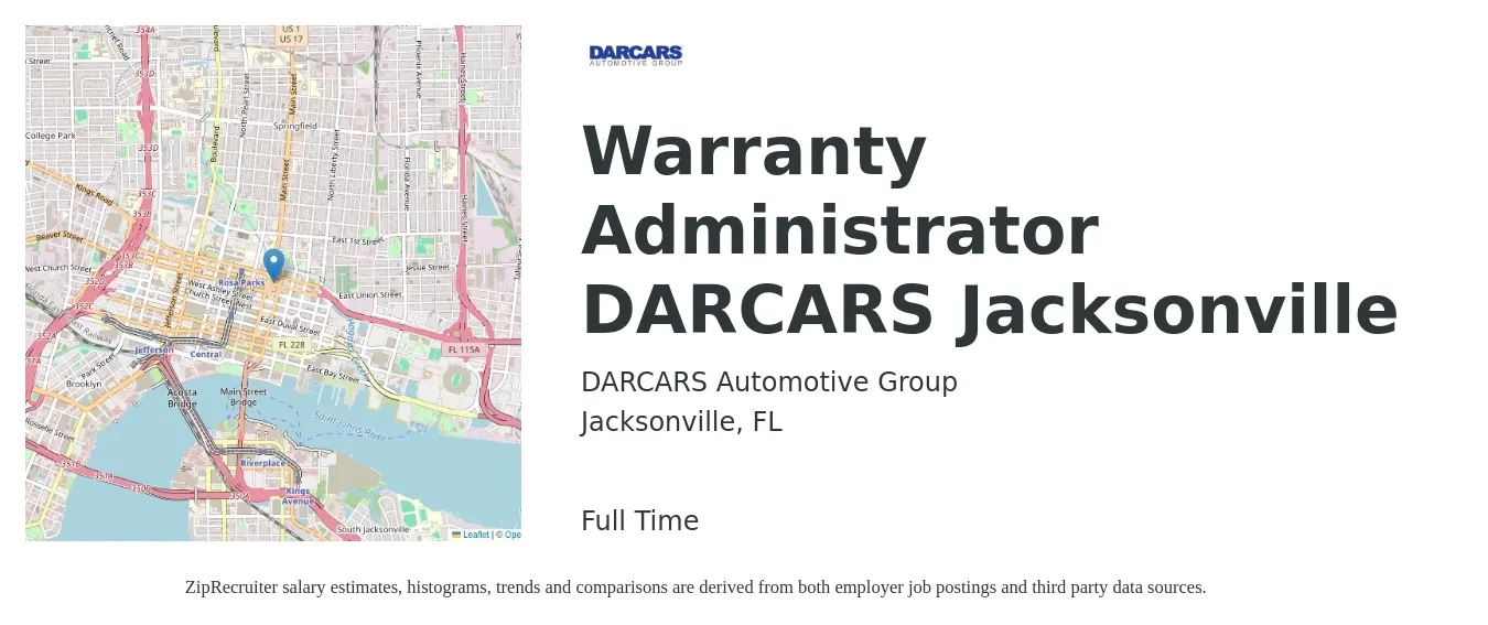 DARCARS Automotive Group job posting for a Warranty Administrator DARCARS Jacksonville in Jacksonville, FL with a salary of $16 to $23 Hourly with a map of Jacksonville location.