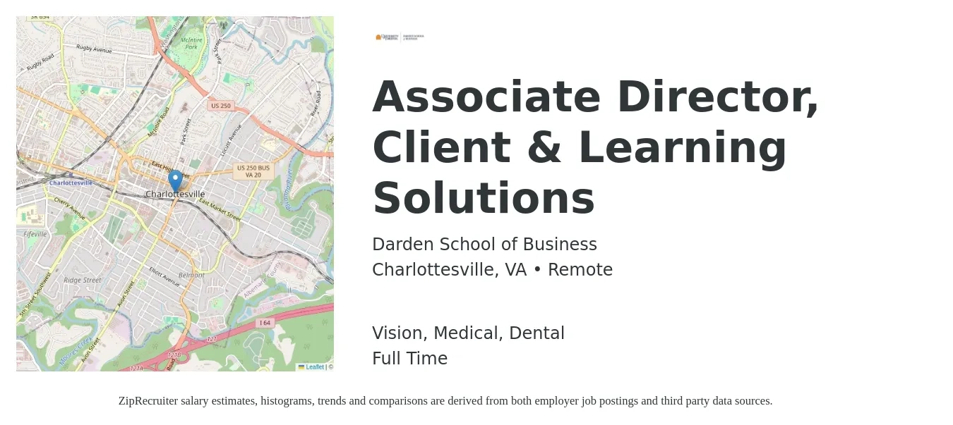 Darden School of Business job posting for a Associate Director, Client & Learning Solutions in Charlottesville, VA with a salary of $16 to $29 Hourly and benefits including dental, life_insurance, medical, pto, retirement, and vision with a map of Charlottesville location.