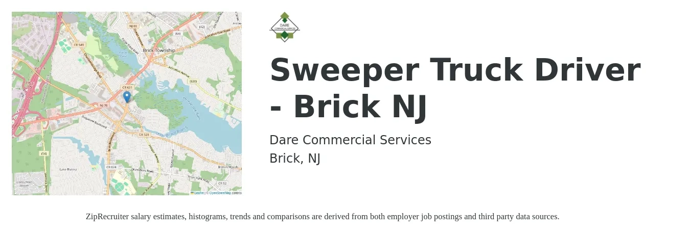 Dare Commercial Services job posting for a Sweeper Truck Driver - Brick NJ in Brick, NJ with a salary of $17 Hourly with a map of Brick location.