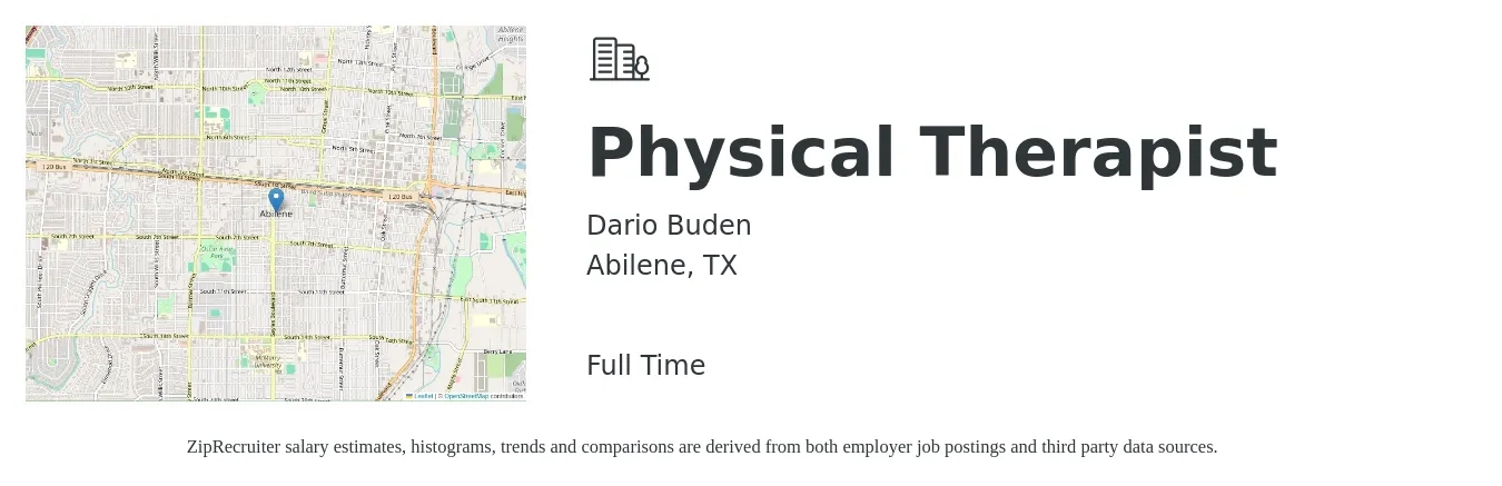 Dario Buden job posting for a Physical Therapist in Abilene, TX with a salary of $1,610 to $2,080 Weekly with a map of Abilene location.