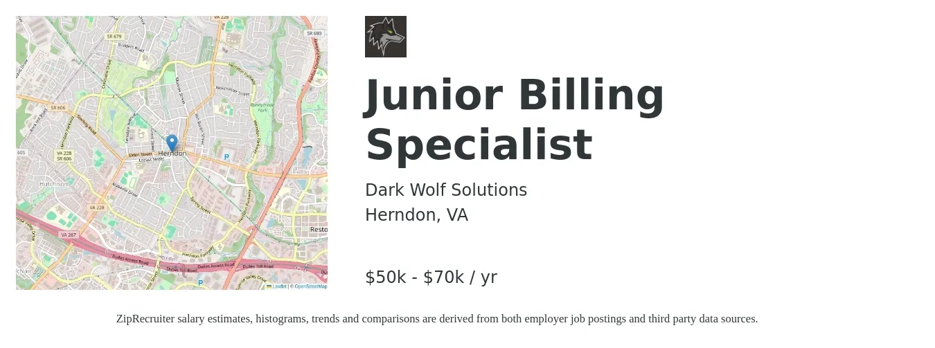 Dark Wolf Solutions job posting for a Junior Billing Specialist in Herndon, VA with a salary of $50,000 to $70,000 Yearly with a map of Herndon location.