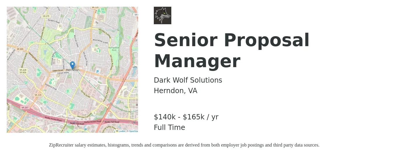 Dark Wolf Solutions job posting for a Senior Proposal Manager in Herndon, VA with a salary of $140,000 to $165,000 Yearly with a map of Herndon location.