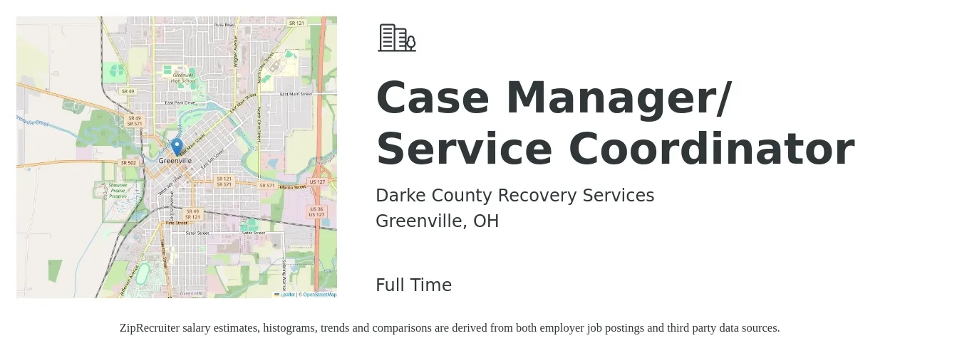 Darke County Recovery Services job posting for a Case Manager/ Service Coordinator in Greenville, OH with a salary of $18 to $26 Hourly with a map of Greenville location.