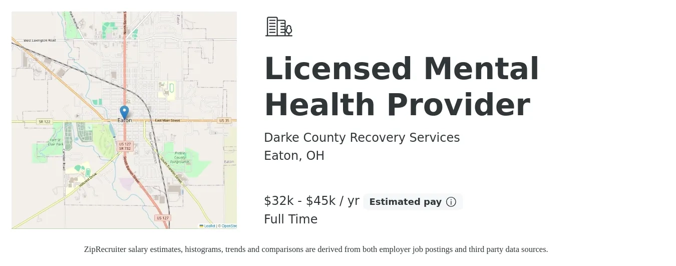 Darke County Recovery Services job posting for a Licensed Mental Health Provider in Eaton, OH with a salary of $32,000 to $45,000 Yearly with a map of Eaton location.