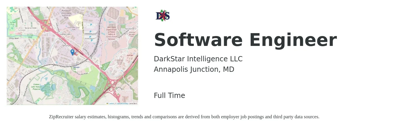 DarkStar Intelligence LLC job posting for a Software Engineer in Annapolis Junction, MD with a salary of $122,600 to $176,800 Yearly with a map of Annapolis Junction location.