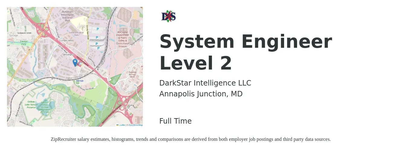 DarkStar Intelligence LLC job posting for a System Engineer Level 2 in Annapolis Junction, MD with a salary of $100,100 to $160,400 Yearly with a map of Annapolis Junction location.