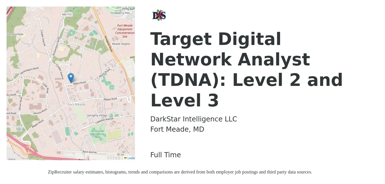 DarkStar Intelligence LLC job posting for a Target Digital Network Analyst (TDNA): Level 2 and Level 3 in Fort Meade, MD with a salary of $91,900 to $125,300 Yearly with a map of Fort Meade location.
