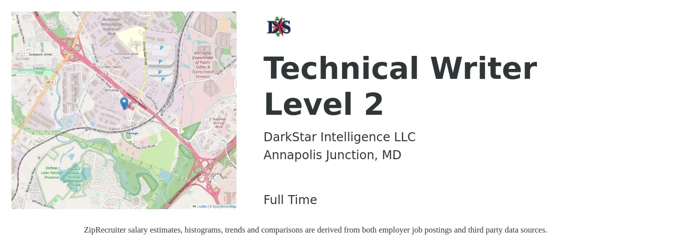 DarkStar Intelligence LLC job posting for a Technical Writer Level 2 in Annapolis Junction, MD with a salary of $31 to $50 Hourly with a map of Annapolis Junction location.