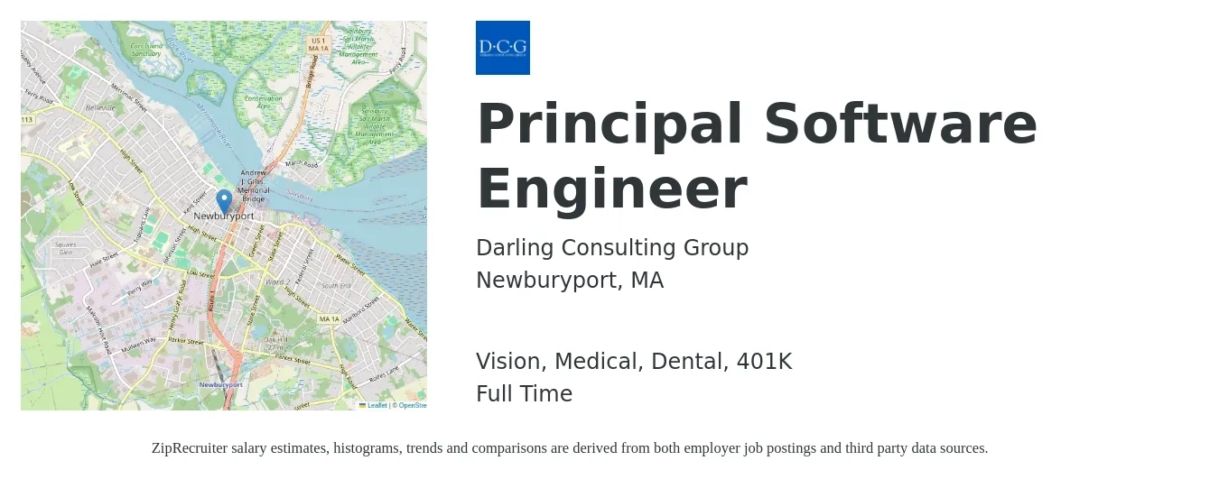 Darling Consulting Group job posting for a Principal Software Engineer in Newburyport, MA with a salary of $142,500 to $191,100 Yearly and benefits including dental, life_insurance, medical, vision, and 401k with a map of Newburyport location.