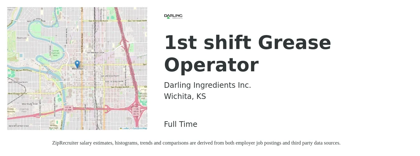 Darling Ingredients Inc. job posting for a 1st shift Grease Operator in Wichita, KS with a map of Wichita location.