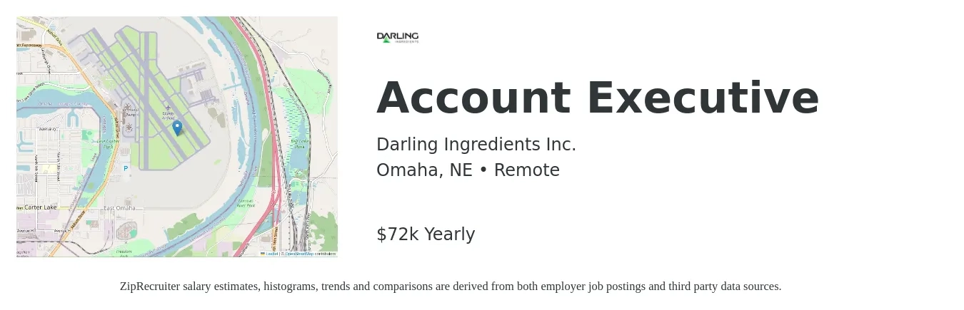 Darling Ingredients Inc. job posting for a Account Executive in Omaha, NE with a salary of $51,600 to $90,900 Yearly with a map of Omaha location.