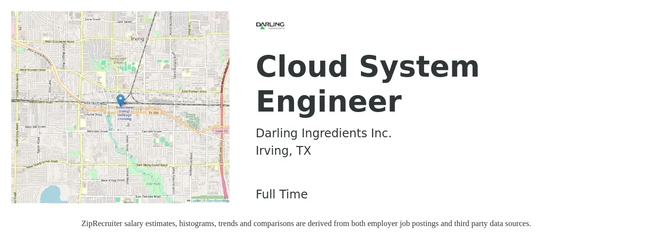 Darling Ingredients Inc. job posting for a Cloud System Engineer in Irving, TX with a salary of $52 to $69 Hourly with a map of Irving location.