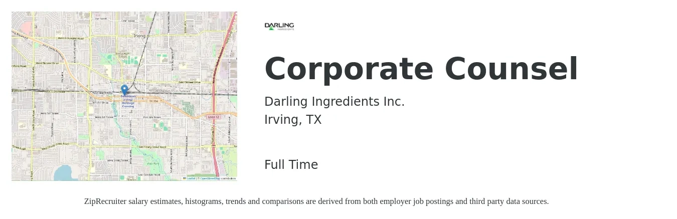 Darling Ingredients Inc. job posting for a Corporate Counsel in Irving, TX with a salary of $120,700 to $170,300 Yearly with a map of Irving location.