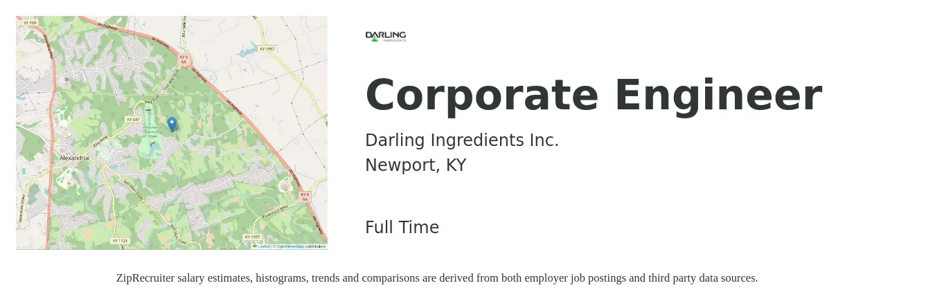 Darling Ingredients Inc. job posting for a Corporate Engineer in Newport, KY with a salary of $81,400 to $112,900 Yearly with a map of Newport location.