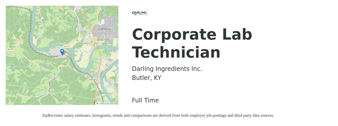 Darling Ingredients Inc. job posting for a Corporate Lab Technician in Butler, KY with a salary of $20 to $26 Hourly with a map of Butler location.