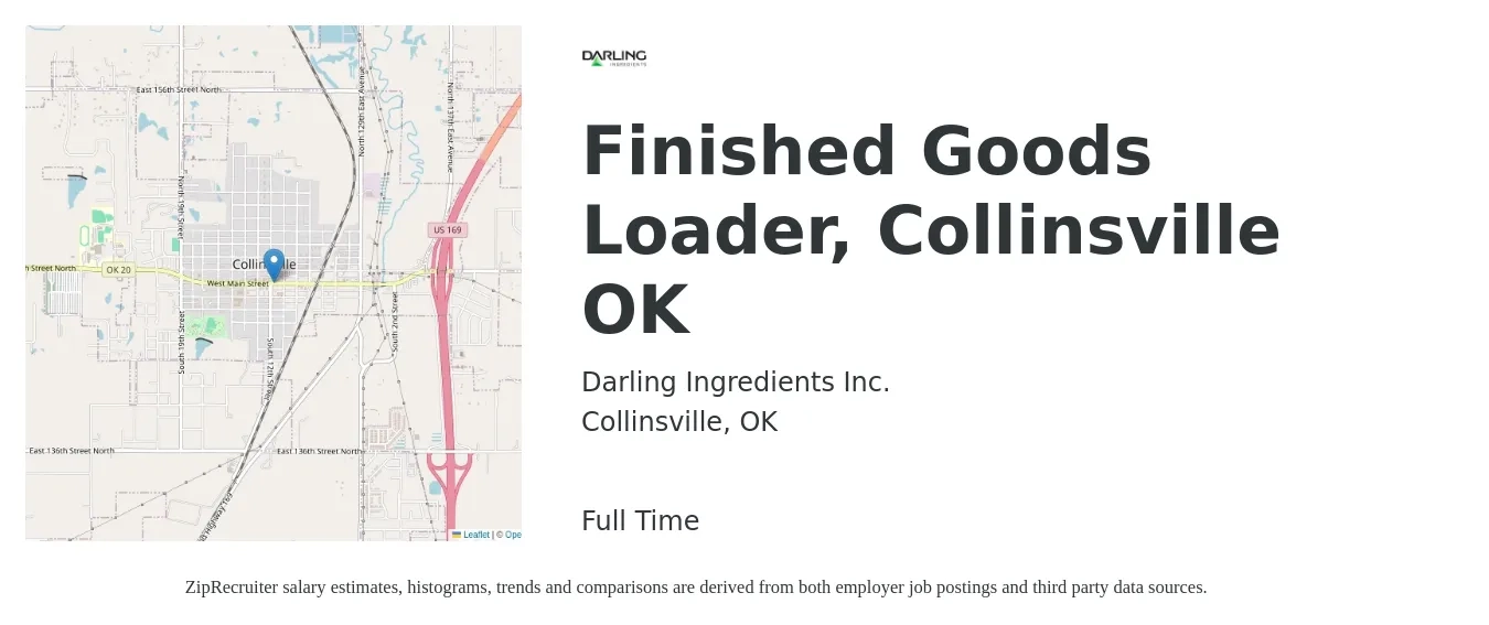 Darling Ingredients Inc. job posting for a Finished Goods Loader, Collinsville OK in Collinsville, OK with a salary of $14 to $18 Hourly with a map of Collinsville location.
