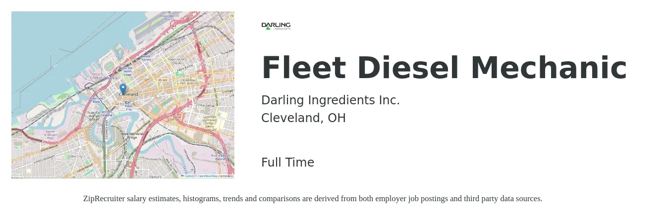 Darling Ingredients Inc. job posting for a Fleet Diesel Mechanic in Cleveland, OH with a salary of $24 to $32 Hourly with a map of Cleveland location.