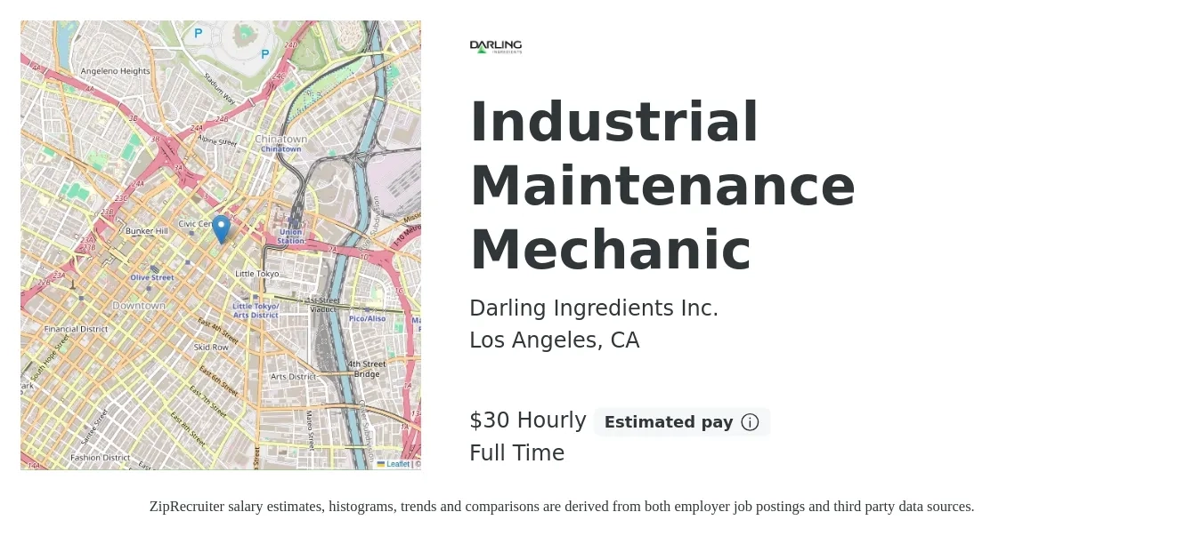 Darling Ingredients Inc. job posting for a Industrial Maintenance Mechanic in Los Angeles, CA with a salary of $31 to $31 Hourly with a map of Los Angeles location.