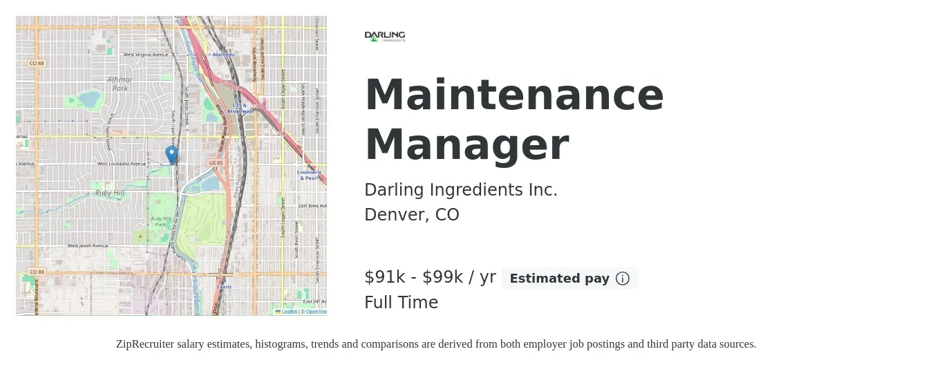 Darling Ingredients Inc. job posting for a Maintenance Manager in Denver, CO with a salary of $91,000 to $99,000 Yearly with a map of Denver location.