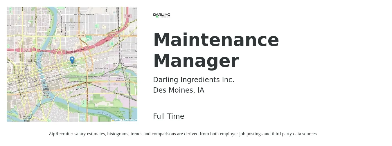 Darling Ingredients Inc. job posting for a Maintenance Manager in Des Moines, IA with a salary of $24 to $39 Hourly with a map of Des Moines location.