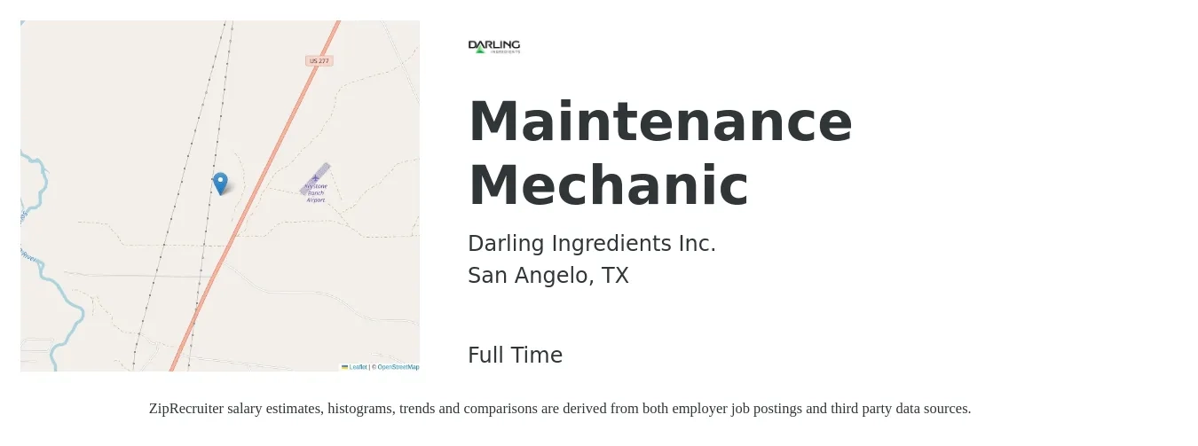 Darling Ingredients Inc. job posting for a Maintenance Mechanic in San Angelo, TX with a salary of $24 to $31 Hourly with a map of San Angelo location.