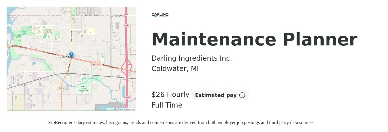 Darling Ingredients Inc. job posting for a Maintenance Planner in Coldwater, MI with a salary of $28 Hourly with a map of Coldwater location.