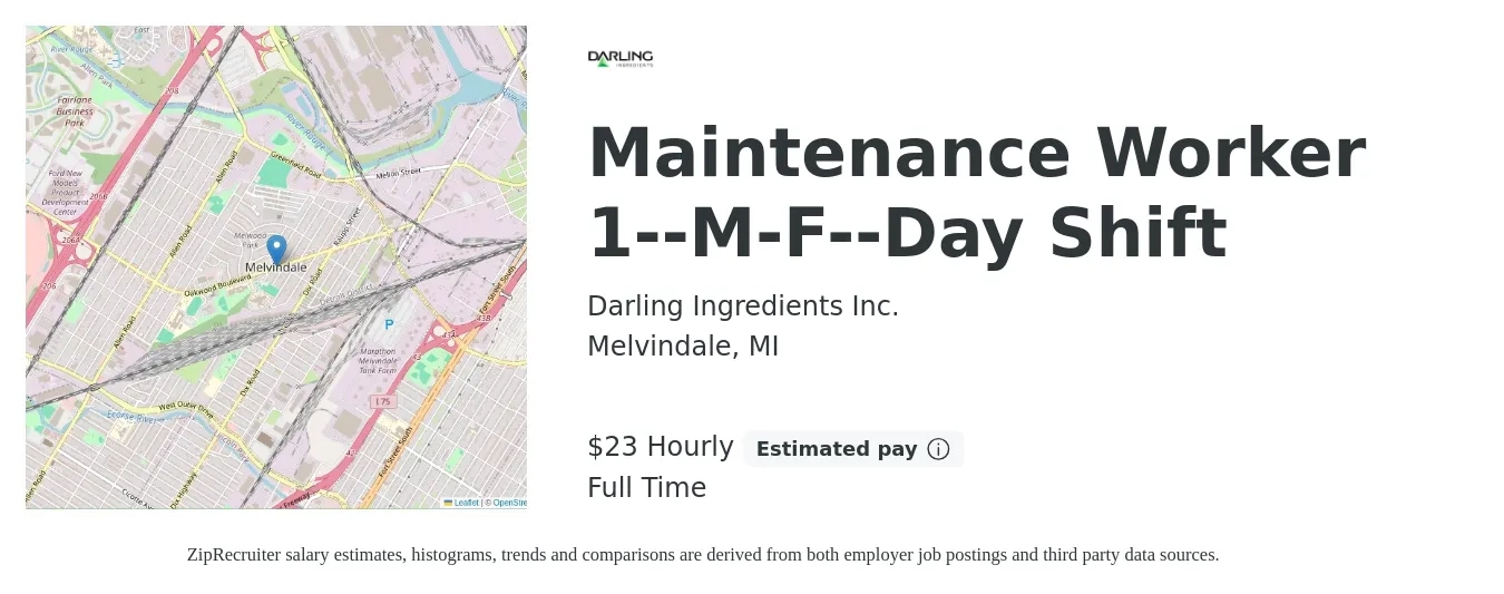 Darling Ingredients Inc. job posting for a Maintenance Worker 1--M-F--Day Shift in Melvindale, MI with a salary of $16 to $23 Hourly with a map of Melvindale location.
