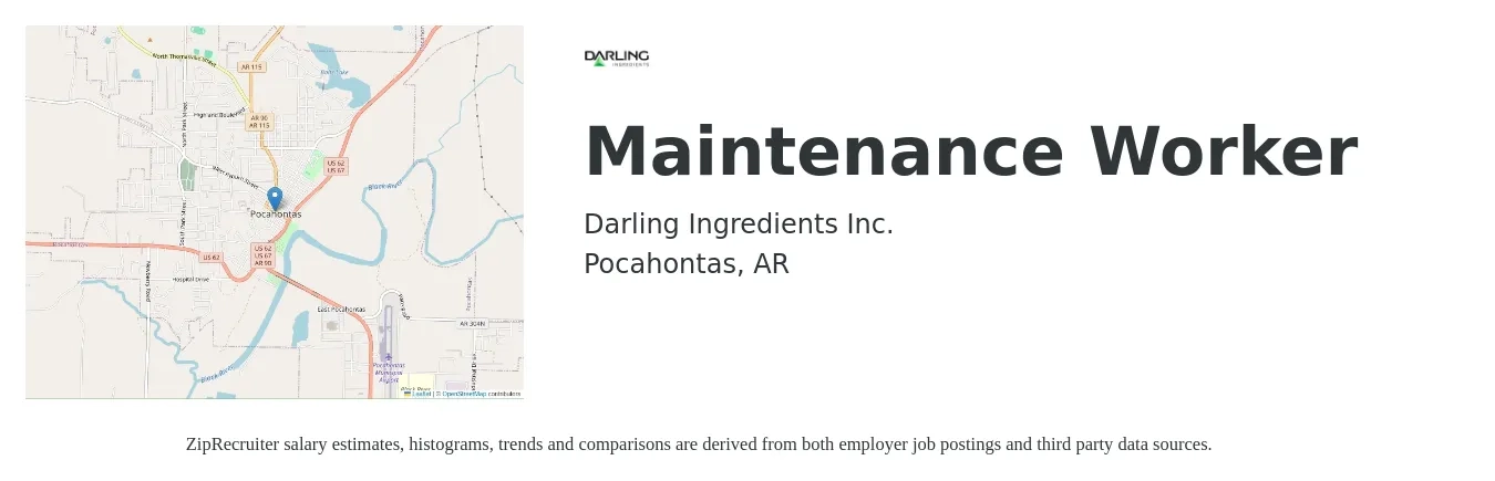 Darling Ingredients Inc. job posting for a Maintenance Worker in Pocahontas, AR with a salary of $13 to $18 Hourly with a map of Pocahontas location.