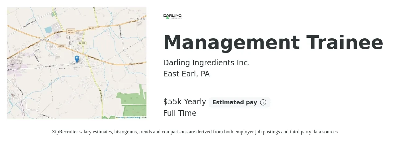Darling Ingredients Inc. job posting for a Management Trainee in East Earl, PA with a salary of $26 Hourly with a map of East Earl location.