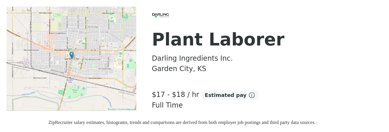 Darling Ingredients Inc. job posting for a Plant Laborer in Garden City, KS with a salary of $18 to $19 Hourly with a map of Garden City location.