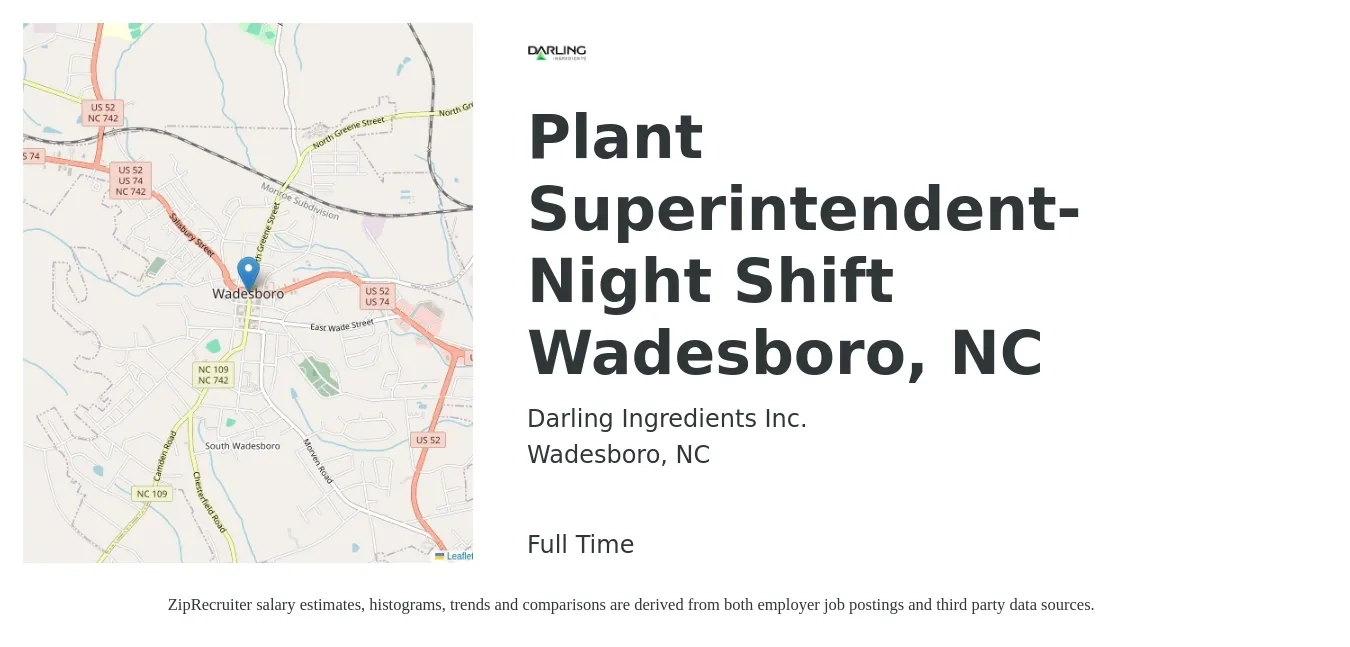 Darling Ingredients Inc. job posting for a Plant Superintendent- Night Shift Wadesboro, NC in Wadesboro, NC with a salary of $50,900 to $80,400 Yearly with a map of Wadesboro location.
