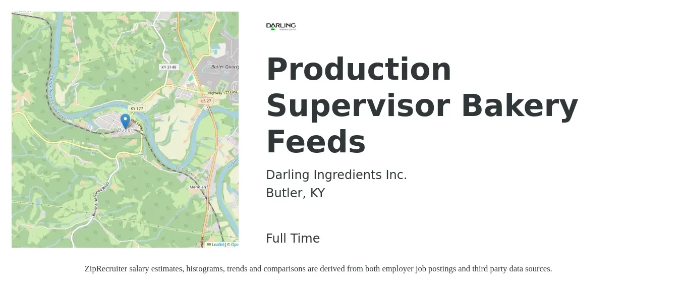 Darling Ingredients Inc. job posting for a Production Supervisor Bakery Feeds in Butler, KY with a salary of $58,000 to $83,300 Yearly with a map of Butler location.