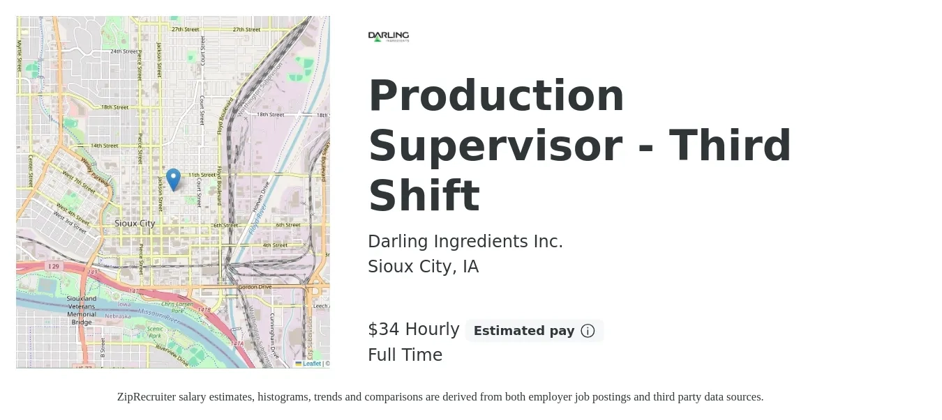 Darling Ingredients Inc. job posting for a Production Supervisor - Third Shift in Sioux City, IA with a salary of $36 to $36 Hourly with a map of Sioux City location.