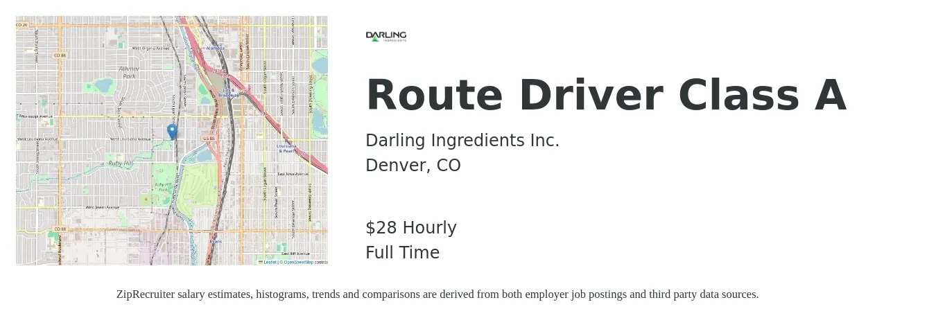 Darling Ingredients Inc. job posting for a Route Driver Class A in Denver, CO with a salary of $30 Hourly with a map of Denver location.