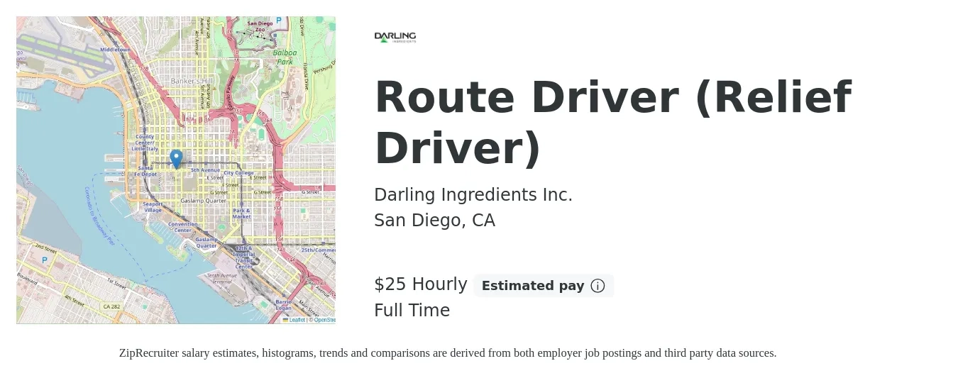 Darling Ingredients Inc. job posting for a Route Driver (Relief Driver) in San Diego, CA with a salary of $27 Hourly with a map of San Diego location.