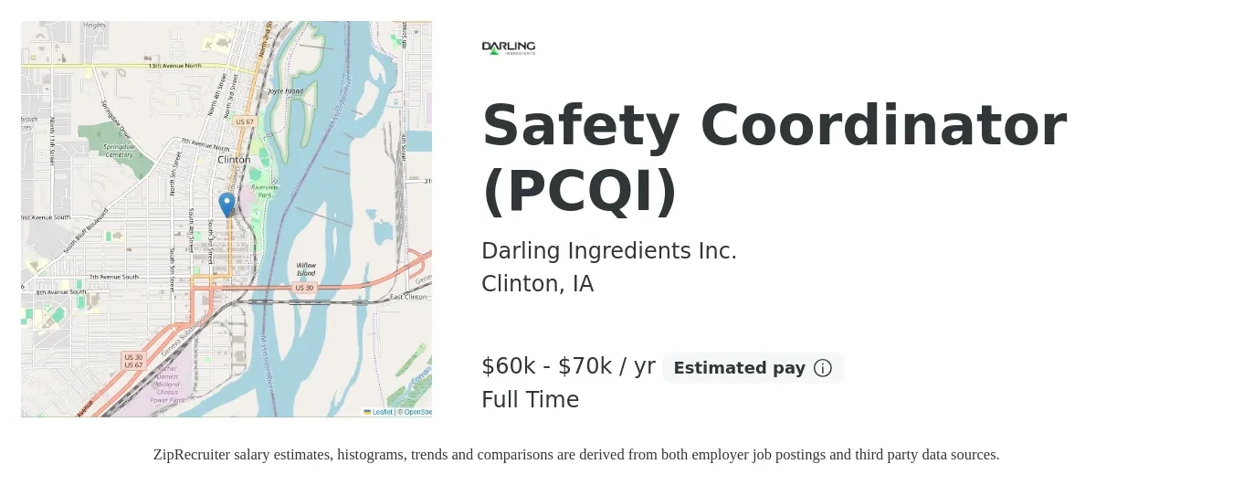 Darling Ingredients Inc. job posting for a Safety Coordinator (PCQI) in Clinton, IA with a salary of $19 to $28 Hourly with a map of Clinton location.