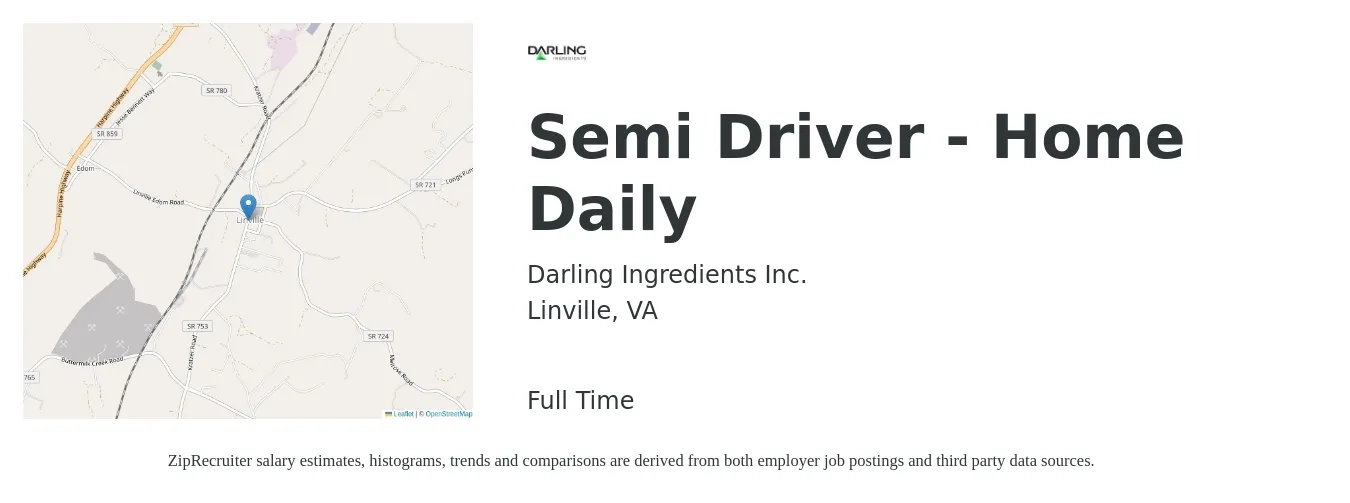 Darling Ingredients Inc. job posting for a Semi Driver - Home Daily in Linville, VA with a salary of $1,300 to $1,500 Weekly with a map of Linville location.