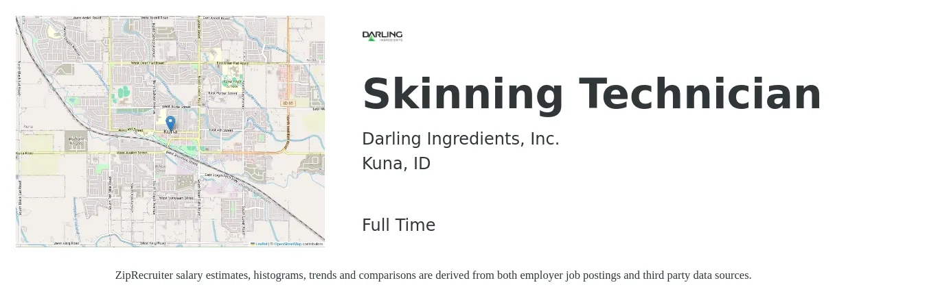 Darling Ingredients, Inc. job posting for a Skinning Technician in Kuna, ID with a salary of $38,300 to $57,200 Yearly with a map of Kuna location.