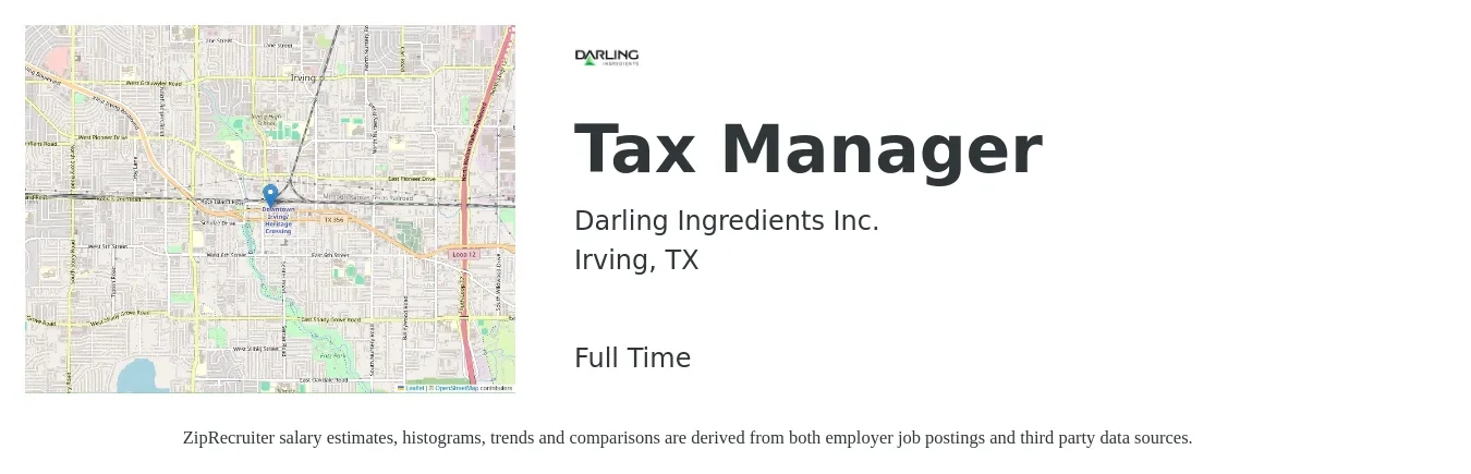 Darling Ingredients Inc. job posting for a Tax Manager in Irving, TX with a salary of $103,000 to $135,100 Yearly with a map of Irving location.