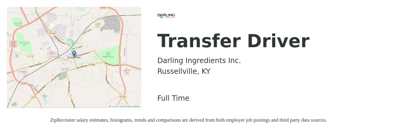 Darling Ingredients Inc. job posting for a Transfer Driver in Russellville, KY with a salary of $1,100 to $1,400 Weekly with a map of Russellville location.
