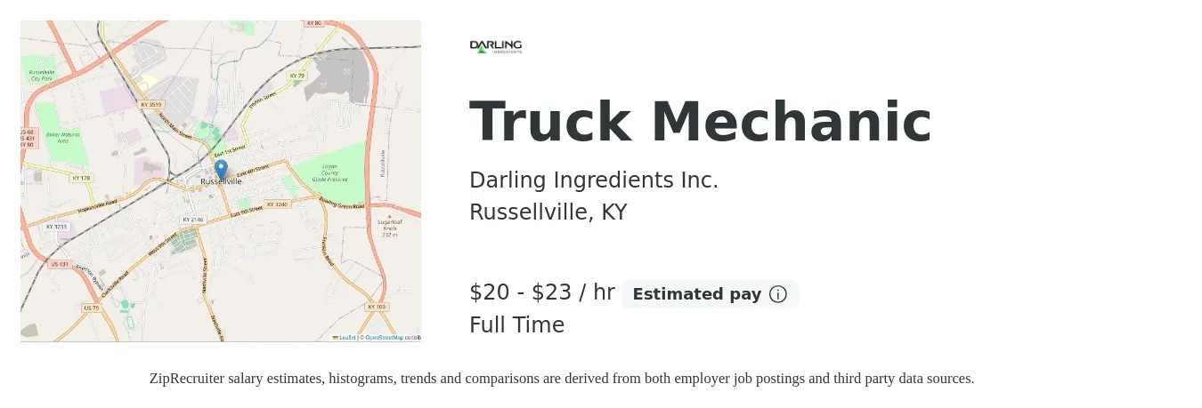 Darling Ingredients Inc. job posting for a Truck Mechanic in Russellville, KY with a salary of $21 to $24 Hourly with a map of Russellville location.