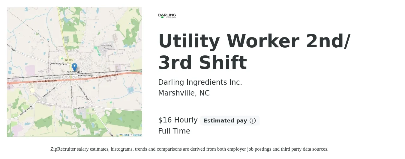 Darling Ingredients Inc. job posting for a Utility Worker 2nd/ 3rd Shift in Marshville, NC with a salary of $15 to $22 Hourly with a map of Marshville location.