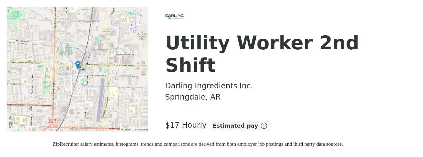 Darling Ingredients Inc. job posting for a Utility Worker 2nd Shift in Springdale, AR with a salary of $18 Hourly with a map of Springdale location.